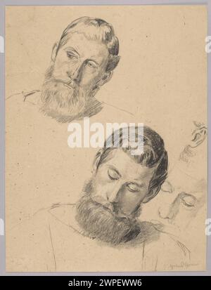 Serie di quattro studi su un uomo barbuto di Hans Thoma, creati tra il 1890 e il 1900, illustrando espressioni facciali e tecniche di ritratto. Foto Stock