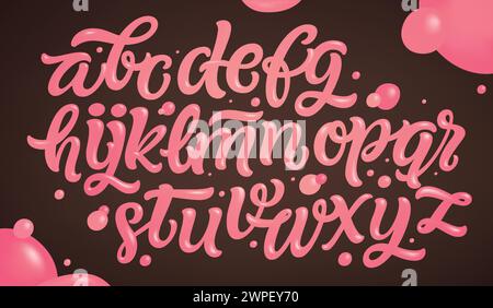 Set alfabeto Bubble Gum. Font rosa isolato su sfondo bianco. Lettere a mano per i disegni: Logo, confezione, confezione di gomma, carta, ecc. vettoriale. Illustrazione Vettoriale