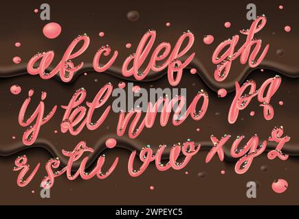 Set alfabeto Bubble Gum. Font rosa isolato su sfondo bianco. Lettere a mano per i disegni: Logo, confezione, confezione di gomma, carta, ecc. vettoriale. Illustrazione Vettoriale