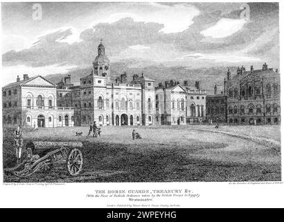 Un'incisione intitolata The Horse Guards, Treasury &c.. (Con il pezzo di Ordnance turca preso dalle truppe britanniche in Egitto), Westminster, Londra Regno Unito Foto Stock