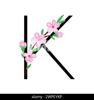 Piccolo alfabeto di fiori rosa Sakura per disegnare carte o inviti. Illustrazioni vettoriali, isolate su sfondo bianco per flor di ciliegio primaverile Illustrazione Vettoriale