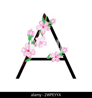 Piccolo alfabeto di fiori rosa Sakura per disegnare carte o inviti. Illustrazioni vettoriali, isolate su sfondo bianco per flor di ciliegio primaverile Illustrazione Vettoriale
