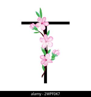 Piccolo alfabeto di fiori rosa Sakura per disegnare carte o inviti. Illustrazioni vettoriali, isolate su sfondo bianco per flor di ciliegio primaverile Illustrazione Vettoriale