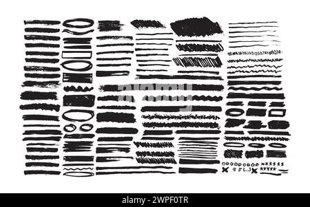 Set di pennelli neri, tratti di pennello di inchiostro isolati su sfondo bianco. Elementi grafici grunge. Striscioni a trama sporca. Schizzi di inchiostro. Illustrazione vettoriale Illustrazione Vettoriale
