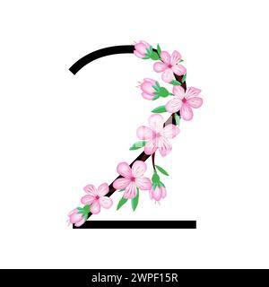 Piccolo alfabeto di fiori rosa Sakura per disegnare carte o inviti. Illustrazioni vettoriali, isolate su sfondo bianco per flor di ciliegio primaverile Illustrazione Vettoriale