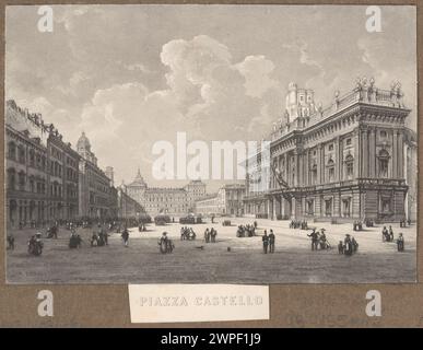 Raffigurazione di Piazza Castello dal 1840 al 1850, che mostra la pianta quadrata, gli edifici circostanti e le strade in un contesto urbano italiano. Foto Stock