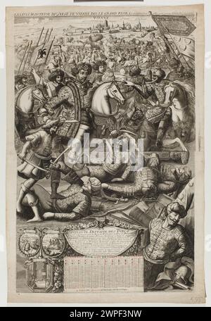 Questo calendario del 1684 illustra le scene della battaglia di Vienna, con il re Jan III Sobieski a cavallo, tra cui striscioni militari, cavalieri, cavalli e armi. Raffigura anche governanti europei come Jakub Ludwik Sobieski, Karol V e Maksymilian II Emanuel, con scene ambientate in Austria e Polonia durante battaglie storiche. Foto Stock