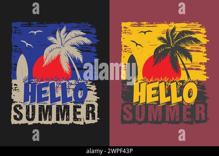 Hello Summer, Summer Vibes, Summer T-Shirt, Vacation Shirt, Family Summer Shirt, abbigliamento per le vacanze, camicia da spiaggia Illustrazione Vettoriale