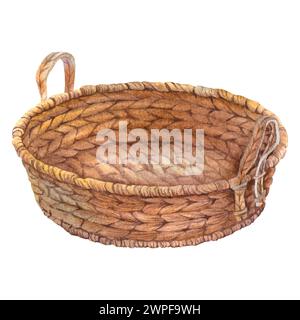 Cestello rotondo in vimini con due manici. Per fiori, cibo, decorazioni per la casa e cosmetici. Illustrazione ad acquerello disegnata a mano su sfondo isolato. Foto Stock