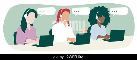 Servizio clienti, call center 24/7 con tre operatori di linea telefonica diretta, consulti i clienti con le cuffie sul laptop. Supporto tecnico online globale. Illustrazione Vettoriale