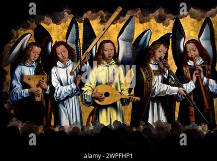 God the Father with Singing and Music-making Angels Hans Memling ( Memlinc ) 1430 – 1494 German Germany 1483-1494 Royal Museum of fine Arts, Anversa, Belgio, Belgio. Foto Stock