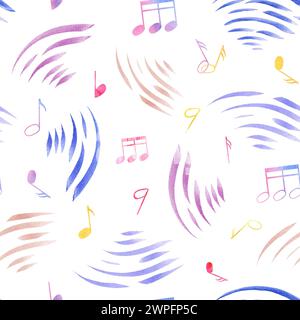 Pattern fluido con onde musicali astratte e note musicali. Simboli di nota multicolore. Atmosfera musicale carina. Illustrazione acquerello per tessuti Foto Stock