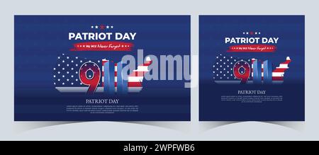 Set di ricordi 9 settembre 11. Patriot Day 11 settembre non dimenticare mai USA 9/11. Twin Towers sulla bandiera americana. World Trade Center Nine-Eleven Design Illustrazione Vettoriale