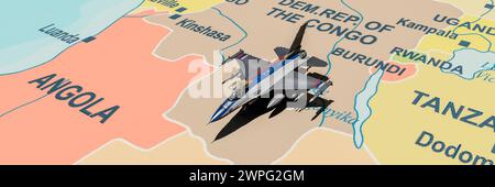 Precision Fighter Jet in volo sulla mappa dettagliata dell'Africa centrale con Focus sull'Angola Foto Stock