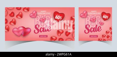 Set di banner Web Super sale di San Valentino Post con cuori di sfondo. Modello di acquisto promozione sconto grande offerta per San Valentino Illustrazione Vettoriale