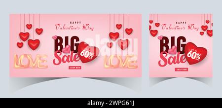 Set di banner Web Super sale di San Valentino Post con cuori di sfondo. Modello di acquisto promozione sconto grande offerta per San Valentino Illustrazione Vettoriale