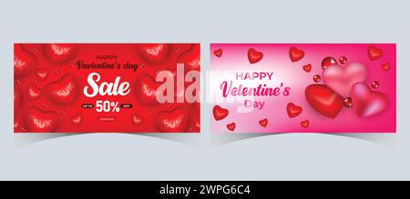 Set di banner Web Super sale di San Valentino Post con cuori di sfondo. Modello di acquisto promozione sconto grande offerta per San Valentino Illustrazione Vettoriale