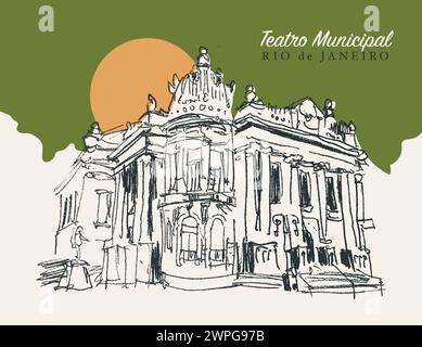 Illustrazione vettoriale disegnata a mano del Teatro Comunale di Rio de Janeiro, Brasile Illustrazione Vettoriale