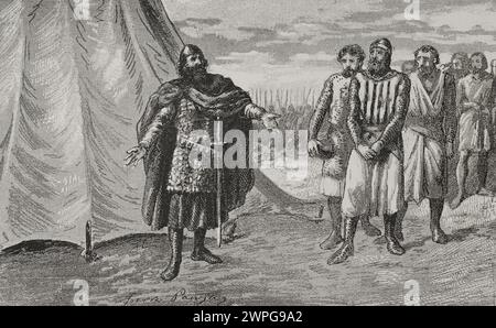 Penisola iberica. Rodrigo Díaz de Vivar, El Cid, (1048-1099) e il conte di Barcellona, Berenguer Ramón II (1053-1097), erano in conflitto a causa del coinvolgimento del conte nelle dispute Taifa. El Cid prese Berenguer Ramon II prigioniero in due occasioni. Conte Berenguer Ramón II prima di El Cid. Incisione di Serra Pausas. "Glorias Españolas" (Glorie di Spagna). Volume II Pubblicato a Barcellona, 1890. Foto Stock