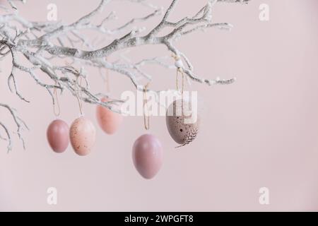 Ramo d'albero decorato con uova di Pasqua su sfondo rosa pastello Foto Stock