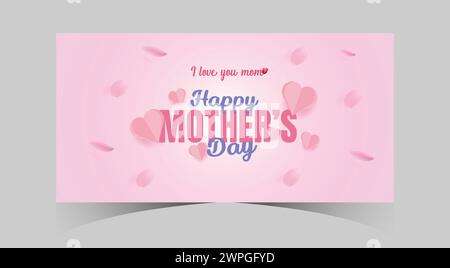 Banner Web e modello di post sui social media per la festa della mamma. Biglietto d'auguri per la festa della mamma. Madre Love segno con cuore e fiori che volano cuori di carta rosa Illustrazione Vettoriale