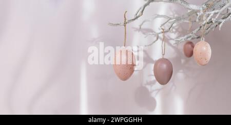 Ramo d'albero con uova di Pasqua su sfondo rosa con luce solare e ombre Foto Stock