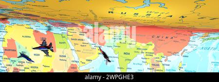 Aerei da combattimento dinamici che pattugliano la colorata mappa politica del Nord Africa e dell'Asia Foto Stock