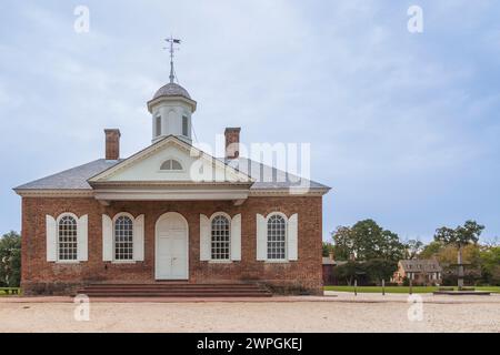 Scorte e postazioni presso il tribunale nel distretto storico di Colonial Williamsburg in Virginia. Foto Stock