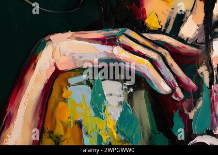 Frammento di pittura a texture multicolore. Sfondo artistico astratto. olio su tela. Foto Stock