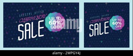 Banner Web in offerta speciale Cyber Monday. Post Super saldi Cyber Monday Neon Style. Promozione business e pubblicità offerte stagionali grandi saldi Illustrazione Vettoriale