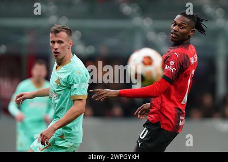 Milano, Italia. 7 marzo 2024. Rafael Leao (AC Milan); durante la partita di calcio UEFA Europa League tra AC Milan e Slavia Praga allo Stadio San Siro di Milano, Italia settentrionale - giovedì 7 marzo 2024. Sport - calcio . (Foto di Spada/LaPresse) credito: LaPresse/Alamy Live News Foto Stock