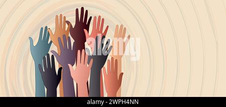 Striscione con persone volontarie con mani alzate. Diversità uguaglianza inclusione. Donazione di beneficenza. Supporto e assistenza. Comunità multiculturale. ONG Illustrazione Vettoriale
