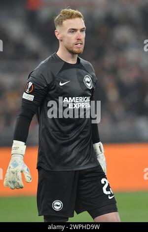 Roma, Lazio. 7 marzo 2024. Jason Steele di Brighton e Hove Albion durante la partita di UEFA Europa League tra Roma e Brighton & Hove Albion allo stadio Olimpico di Roma, Italia, 7 marzo 2024. Crediti: massimo insabato/Alamy Live News Foto Stock