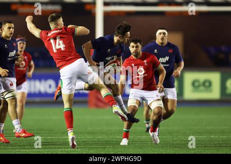 Cardiff, Regno Unito. 7 marzo 2024. Jean Cotarmanach, francese, U20 (c) in azione. Partita del campionato U20 sei Nazioni 2024, Galles U20 contro Francia U20 al Cardiff Arms Park di Cardiff giovedì 7 marzo 2024. foto di Andrew Orchard/Andrew Orchard Sports Photography/ Alamy Live News Credit: Andrew Orchard Sports Photography/Alamy Live News Foto Stock