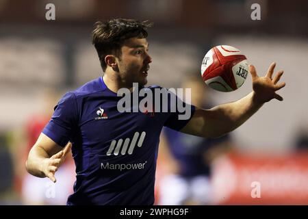 Cardiff, Regno Unito. 7 marzo 2024. Jean Cotarmanach di Francia U20 in azione. Partita del campionato U20 sei Nazioni 2024, Galles U20 contro Francia U20 al Cardiff Arms Park di Cardiff giovedì 7 marzo 2024. foto di Andrew Orchard/Andrew Orchard Sports Photography/ Alamy Live News Credit: Andrew Orchard Sports Photography/Alamy Live News Foto Stock