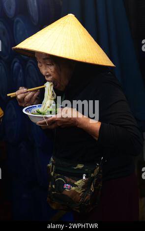 Una donna vietnamita che mangia una ciotola di spaghetti per colazione al mercato del pesce fresco e del pesce di mattina presto a Thanh Hà, Hoi An, Vietnam. Foto Stock