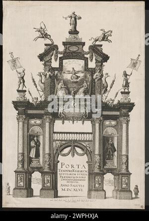 La porta trionfale eretta a Gdańsk in occasione del LUBIN W Adys Ava IV con Ludwik Mari Gonzag nel 1646; vista sul lato occidentale; Hondius, Willem (post 1597-1652), Boy, Adolf (1612-Post 1686), Münch, Georg (FL. CA 1638-non Post 1656); 1646 (1646-00-00-1646-00-00);Gdańsk (Voivodato della Pomerania), Ludwika Maria (Regina di Polonia - 1611-1667), Ludwika Maria (Regina di Polonia - 1611-1667) - iconografia, Witke -Jeżewski, Dominik (1862-1944) - collezione, Władysław IV (re polacco - 1595-1648), Władysław IV (re polacco - 1595-1648) - iconografia, architettura occasionale, porte trionali, regali Foto Stock