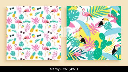 Set di poster vettoriali con motivo senza cuciture per l'estate. Saluto estivo con fenicottero rosa, uccello toucan, cactus e foglie tropicali per un motivo senza fine Illustrazione Vettoriale