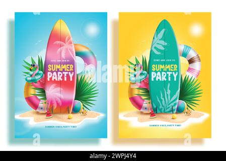 Set di poster vettoriali per feste estive. Biglietto d'invito per la festa estiva con tavola da surf, galleggianti ed elementi da spiaggia flamingo per cartolina delle vacanze Illustrazione Vettoriale