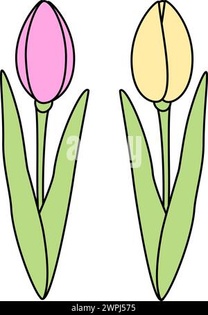 2 fiori di tulipano in giallo e rosa alla moda. Elementi di design per biglietti di auguri o cartoline primaverili. Isolare. EPS. Adesivo. Icona. Vettore per poster, banner, brochure, affissioni, promozioni, etichetta o web Illustrazione Vettoriale