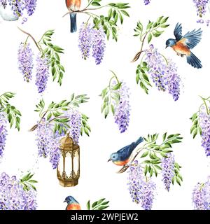 Fiori di Wisteria. Disegno ad acquerello a mano con motivo senza cuciture isolato su sfondo bianco Foto Stock