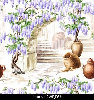 Fiori primaverili Wisteria lilla con elementi architettonici. Disegno ad acquerello a mano con motivo senza cuciture isolato su sfondo bianco Foto Stock