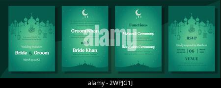 Una serie di quattro inviti di nozze verdi con sfondo blu. Gli inviti presentano un cielo blu con una luna crescente e stelle, e il testo legge Illustrazione Vettoriale
