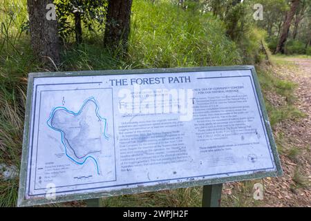 Il sentiero Forest Path Walk e le indicazioni stradali segnalano Lady Carrington Drive nel Royal National Park, il più antico dell'Australia, Sydney, NSW, Australia, 2024 Foto Stock