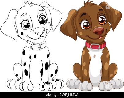 Illustrazione vettoriale di due cuccioli di cartoni animati, uno colorato. Illustrazione Vettoriale