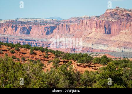 Strati di terra colorati all'interno della Colorado Plateau Physiographic Province nel Capitol Reef National Park nello Utah, USA Foto Stock