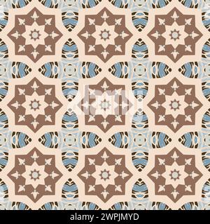 Superficie con motivi a colori chiari e forme geometriche. Potrebbe essere un design su tessuto o carta da imballaggio, che mostra simmetria e un motivo tradizionale. Foto Stock