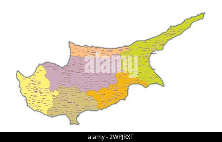 Mappa amministrativa di Cipro che mostra le regioni, le province Illustrazione Vettoriale