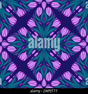 Motivo caleidoscopio vettoriale senza cuciture con croci. Design della superficie Art Nouveau con Iris decorativi su sfondo viola. Texture floreale primaverile Illustrazione Vettoriale