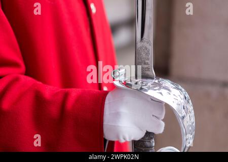 Regno Unito, Londra, dettaglio di spada e mano di una Guardia reale della cavalleria domestica. Foto Stock